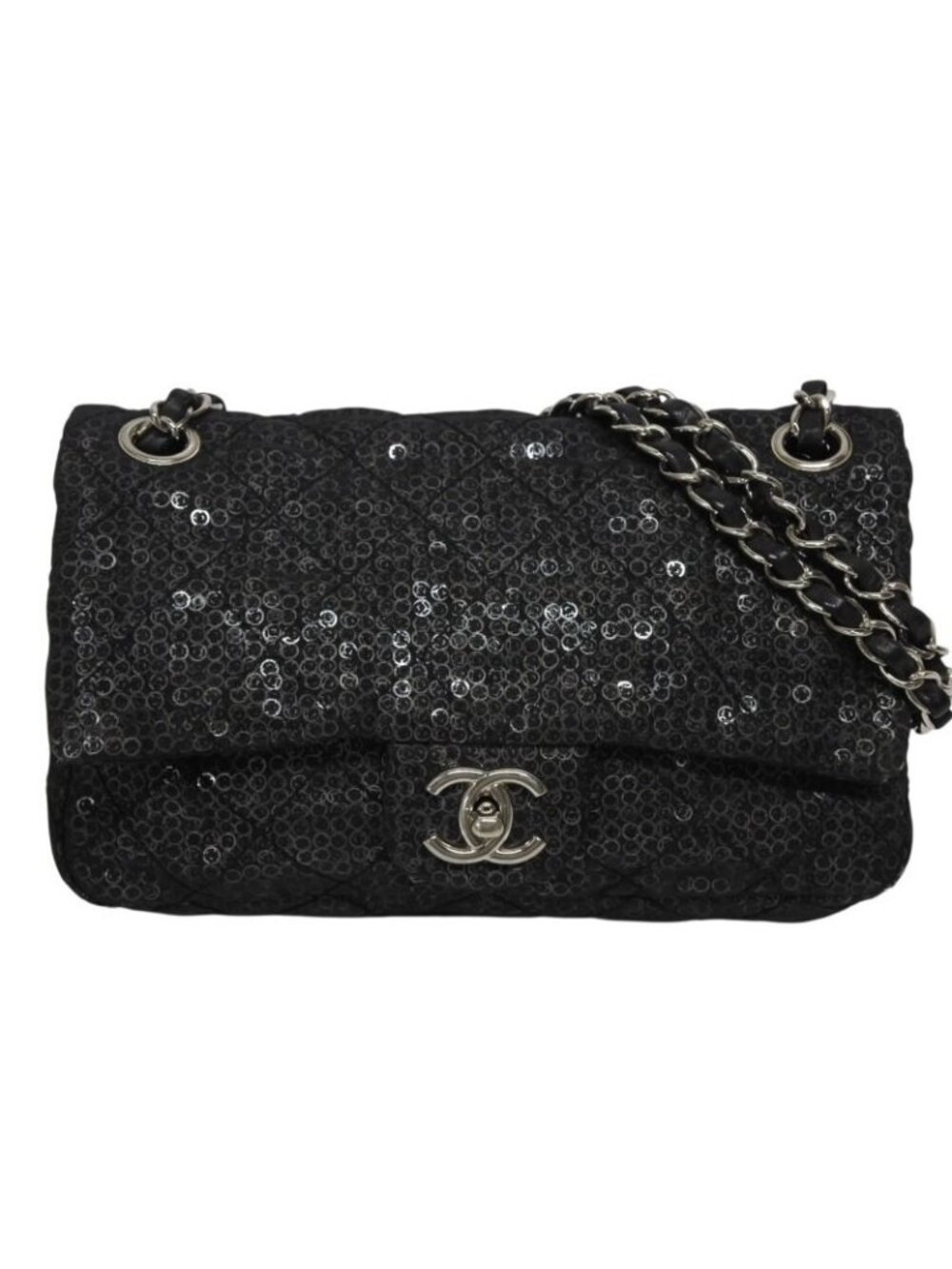 Chanel Quilted 23 S Flap Chain Shoulder Bag CC Logo Sequins Silver
